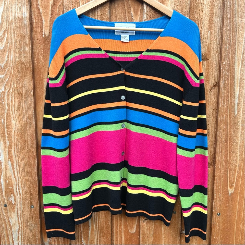Vintage 90s Sharon Young Striped Cardigan Knit Sweater Rainbow Dopamine Bold XL